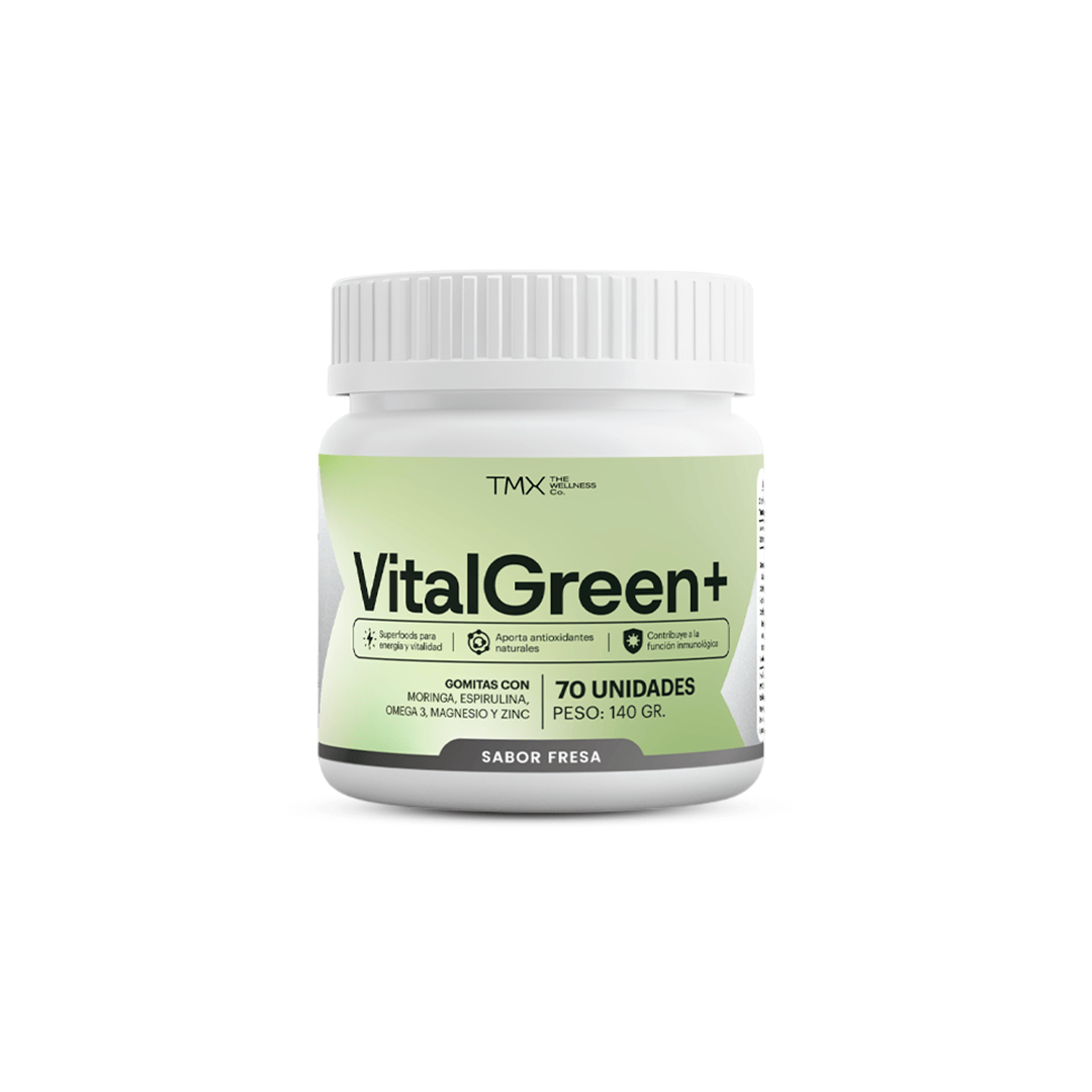 Envase de gomitas VitalGreen de TMX Wellness