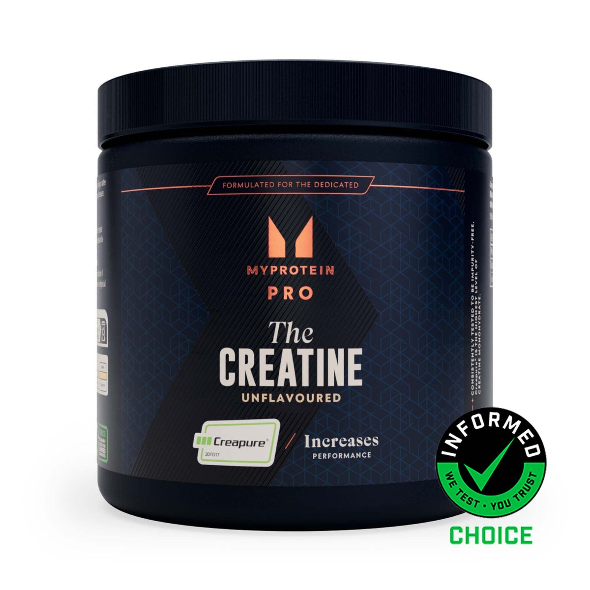 Envase negro de creatina monohidratada Creapure sin sabor de Myprotein, visto de frente