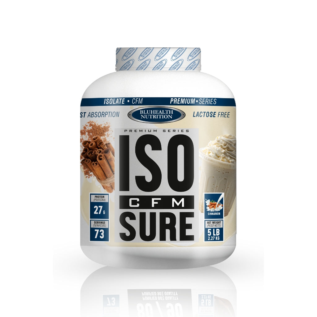 Envase de proteína aislada ISO Sure de BluHealth sabor canela