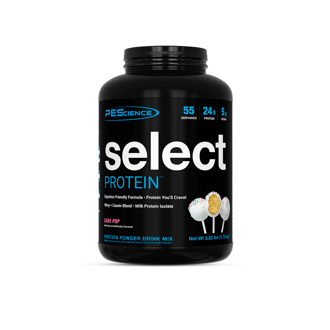Envase de proteína Select de PEScience sabor cake pop