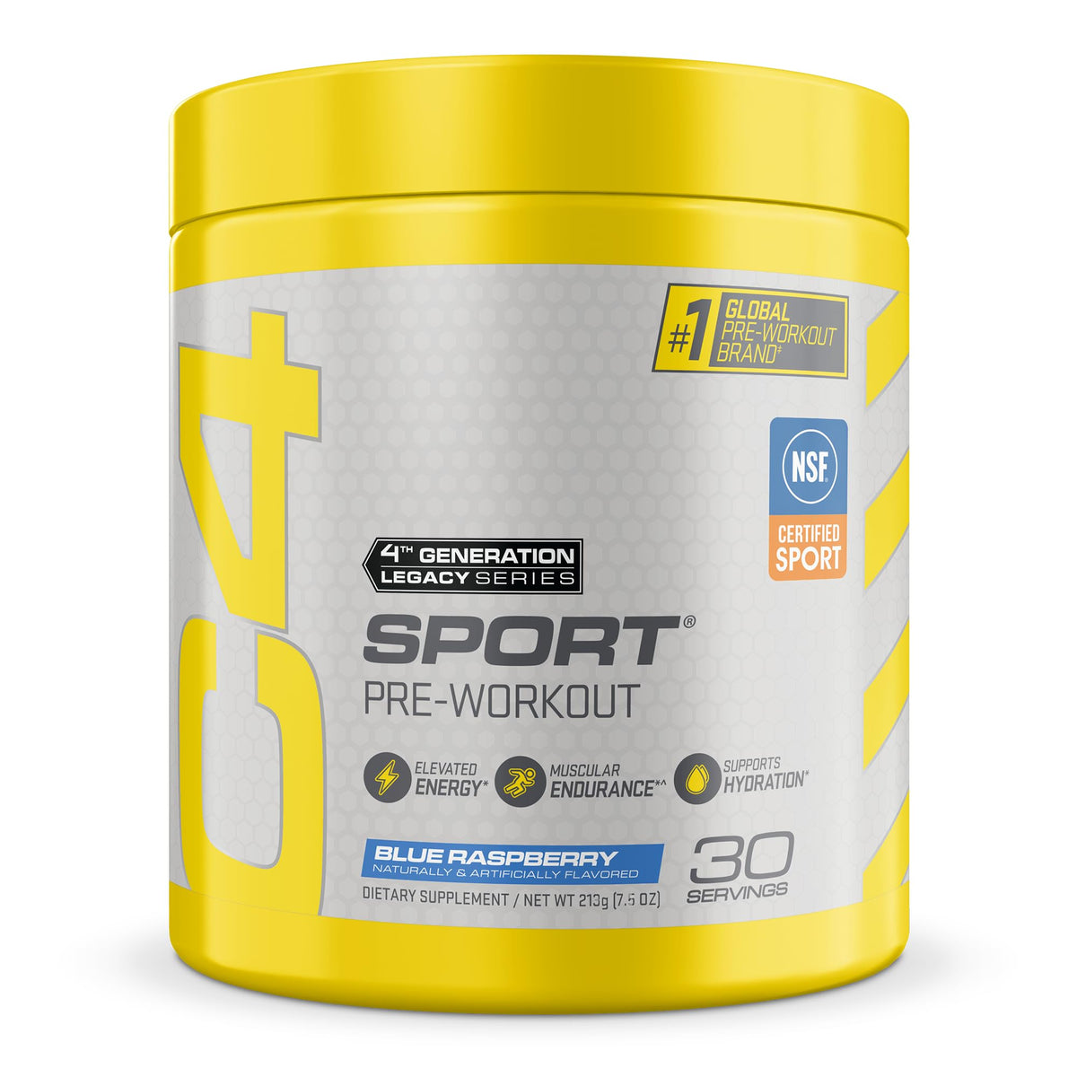 Pote blanco de C4 Sport Pre-Workout sabor Blue Raspberry, 30 servicios, 213 g