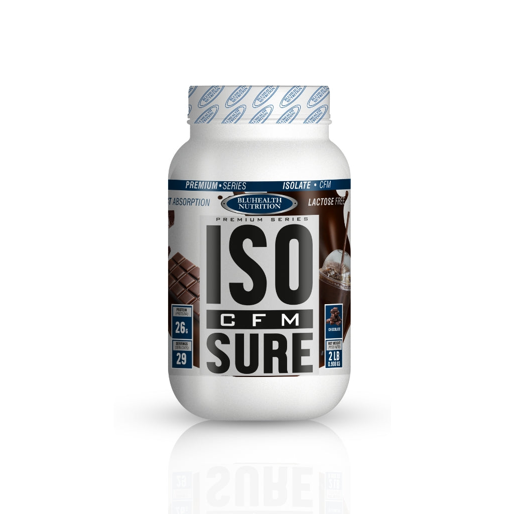 Envase de proteína aislada ISO Sure de BluHealth sabor chocolate