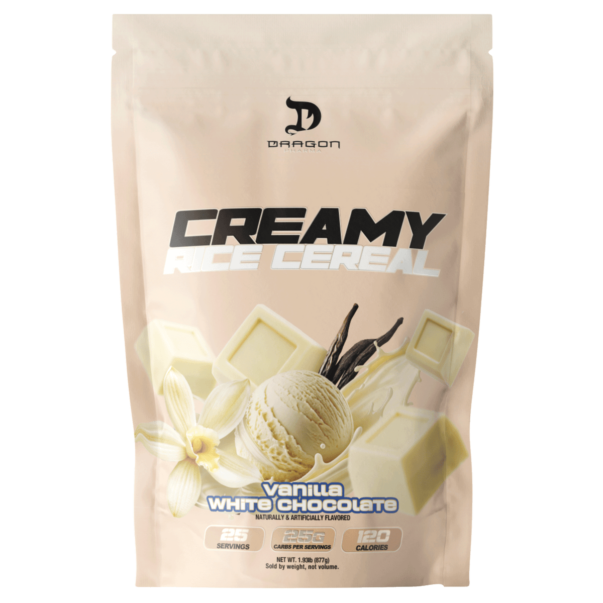 Bolsa de 877 g de crema de arroz Creamy Rice Cereal de Dragon Pharma, sabor vainilla chocolate blanco