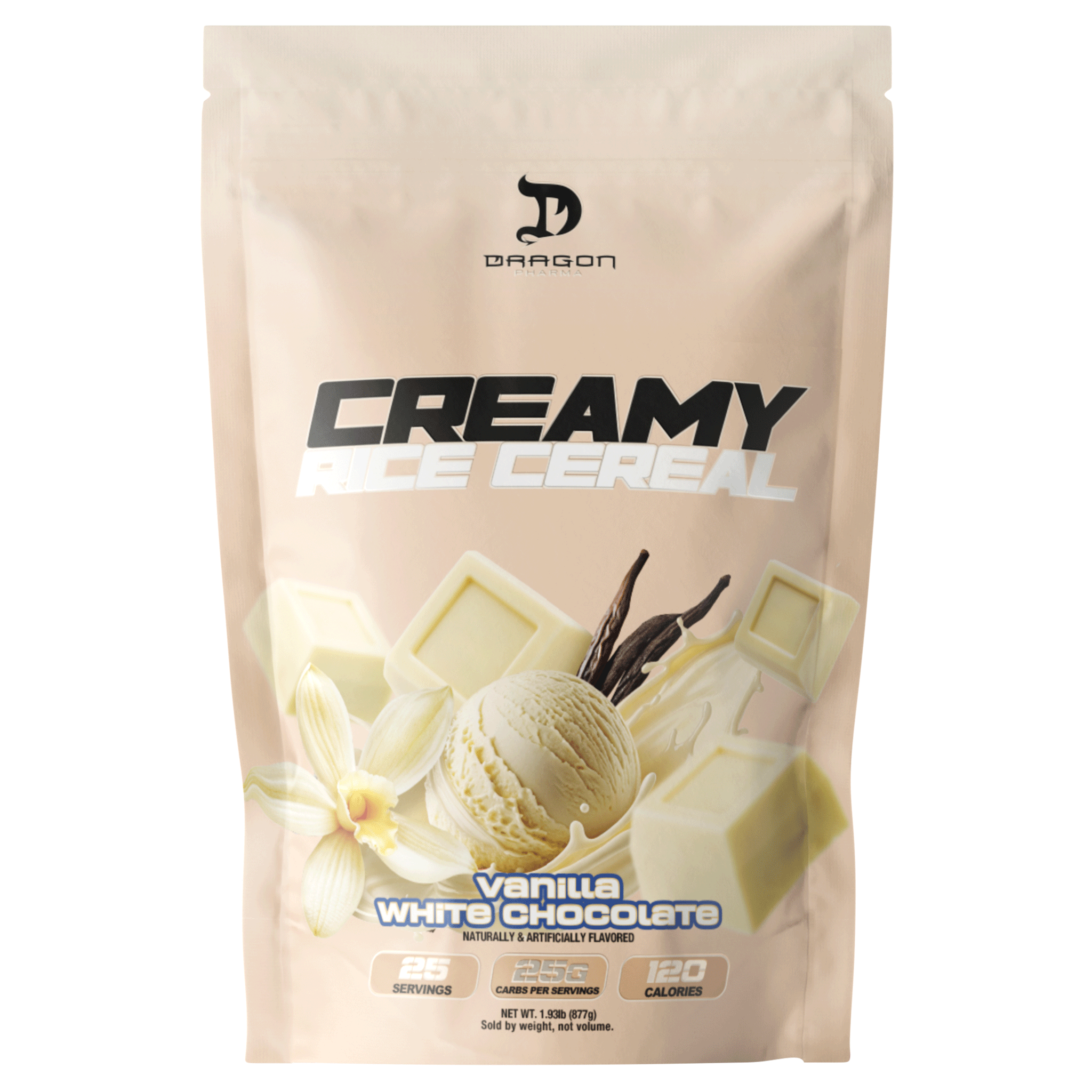 Bolsa de 877 g de crema de arroz Creamy Rice Cereal de Dragon Pharma, sabor vainilla chocolate blanco