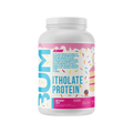 Pote de BUM Itholate Protein de RAW Nutrition, sabor Birthday Cake, 2 lb, etiqueta rosa y blanca
