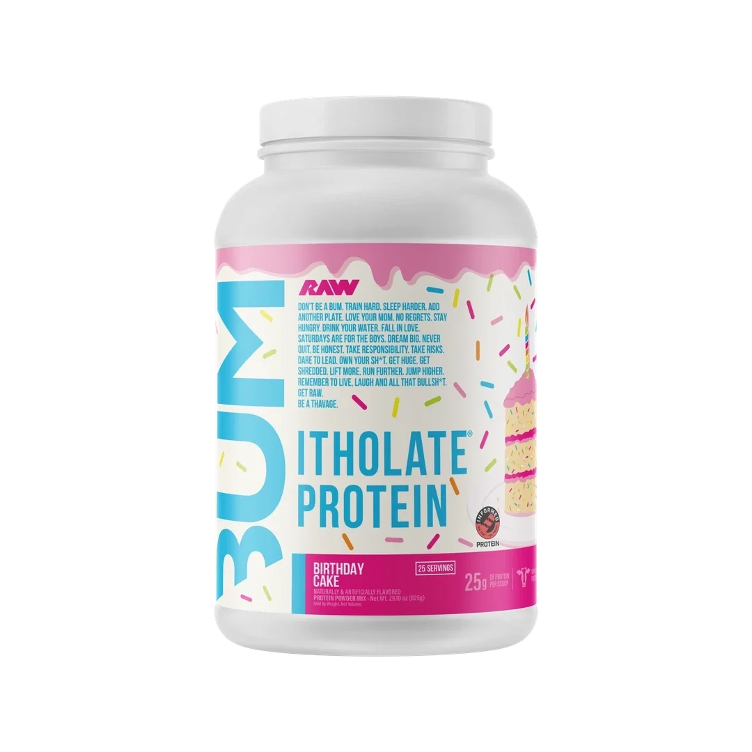 Pote de BUM Itholate Protein de RAW Nutrition, sabor Birthday Cake, 2 lb, etiqueta rosa y blanca