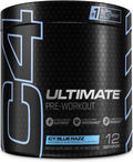 Pote negro de C4 Ultimate Pre-Workout sabor Icy Blue Razz, 12 servicios, 196 g, sobre fondo blanco