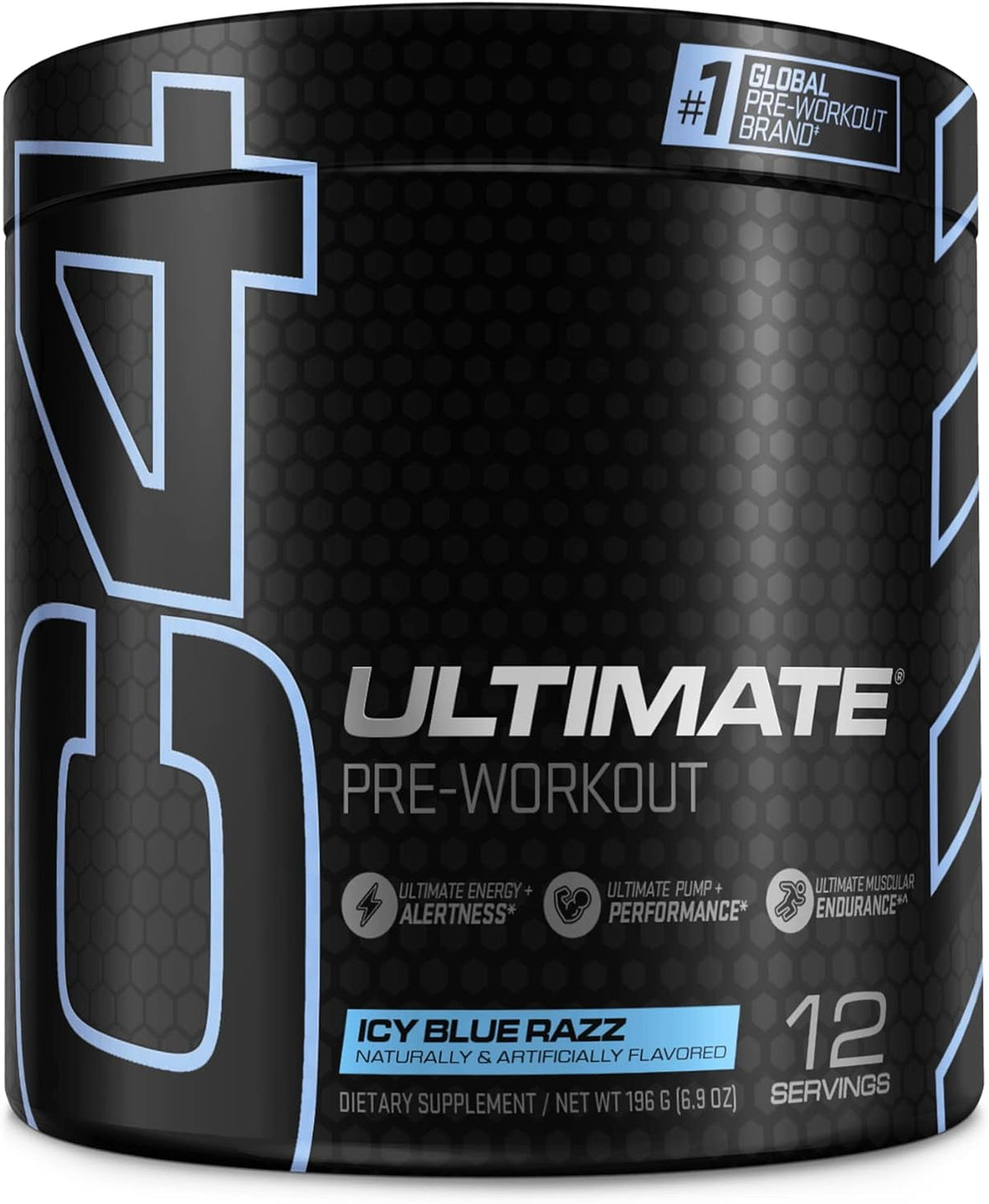 Pote negro de C4 Ultimate Pre-Workout sabor Icy Blue Razz, 12 servicios, 196 g, sobre fondo blanco