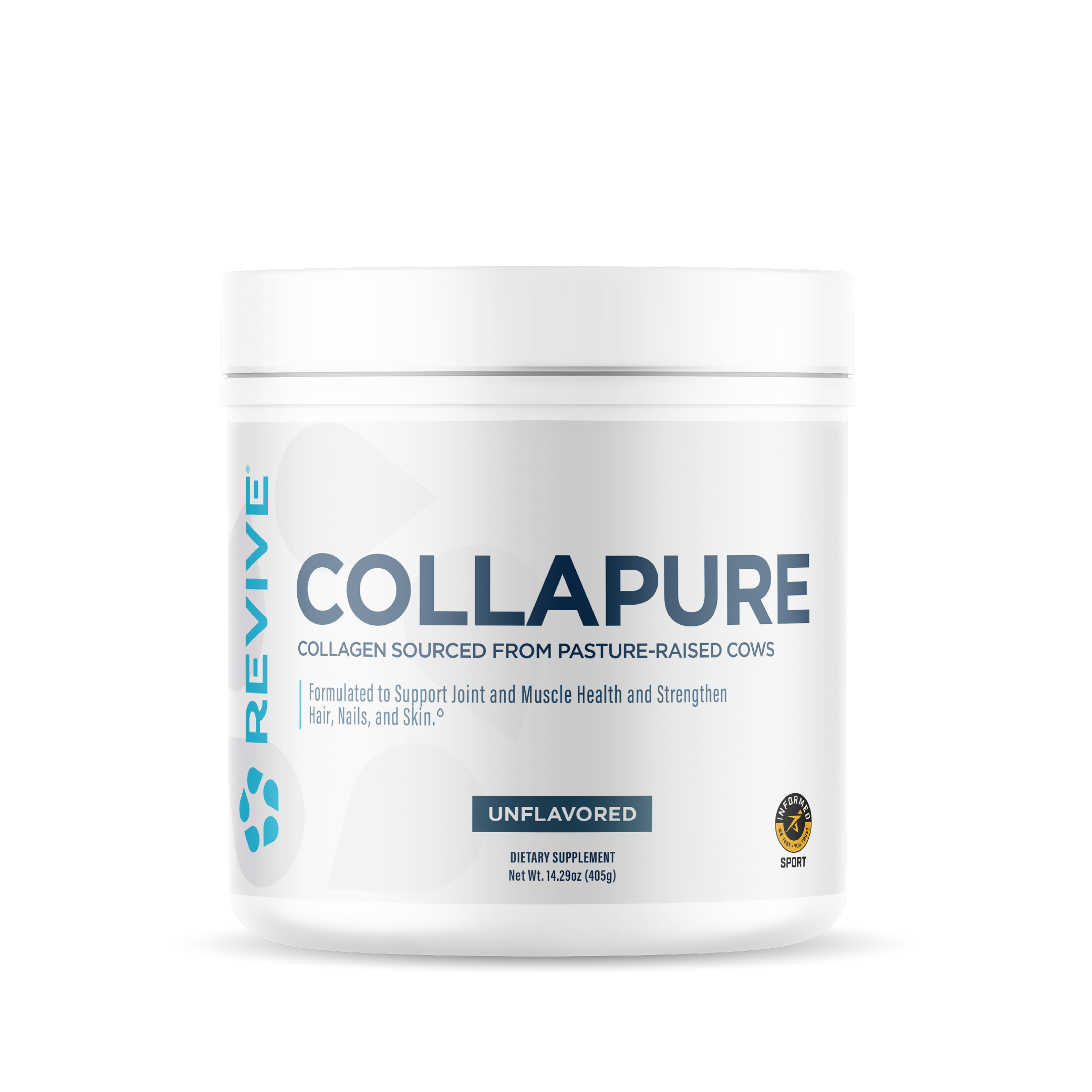 Envase blanco de CollaPURE colágeno 480 g de Revive MD
