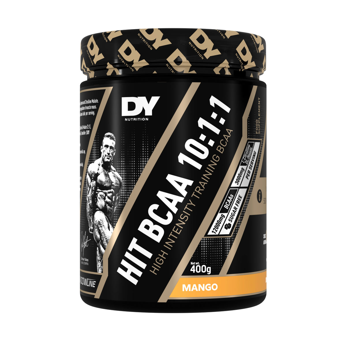 Pote negro y dorado HIT BCAA 10:1:1 de DY Nutrition, 400 g sabor mango, sobre fondo blanco