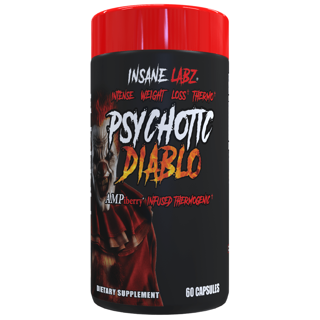 Frasco negro de Insane Labz Psychotic Diablo con tapa roja, 60 capsulas