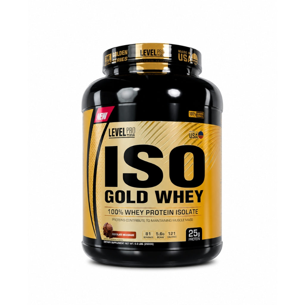 Pote negro y dorado de Level Pro ISO Gold Whey 5.5 lb sabor Chocolate Milkshake sobre fondo blanco
