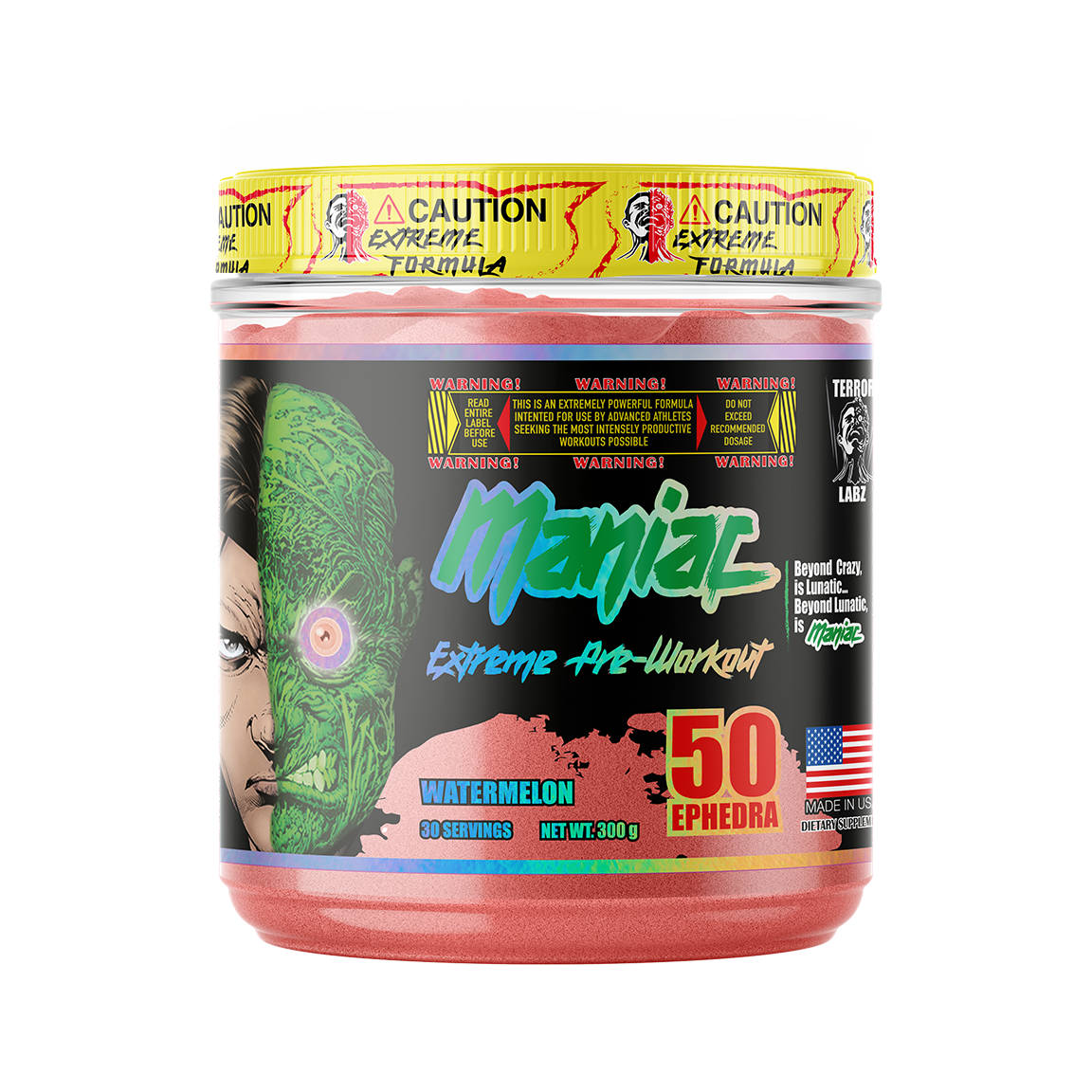 Envase negro de pre-entreno Maniac 300 g sabor sandía de Terror Labz