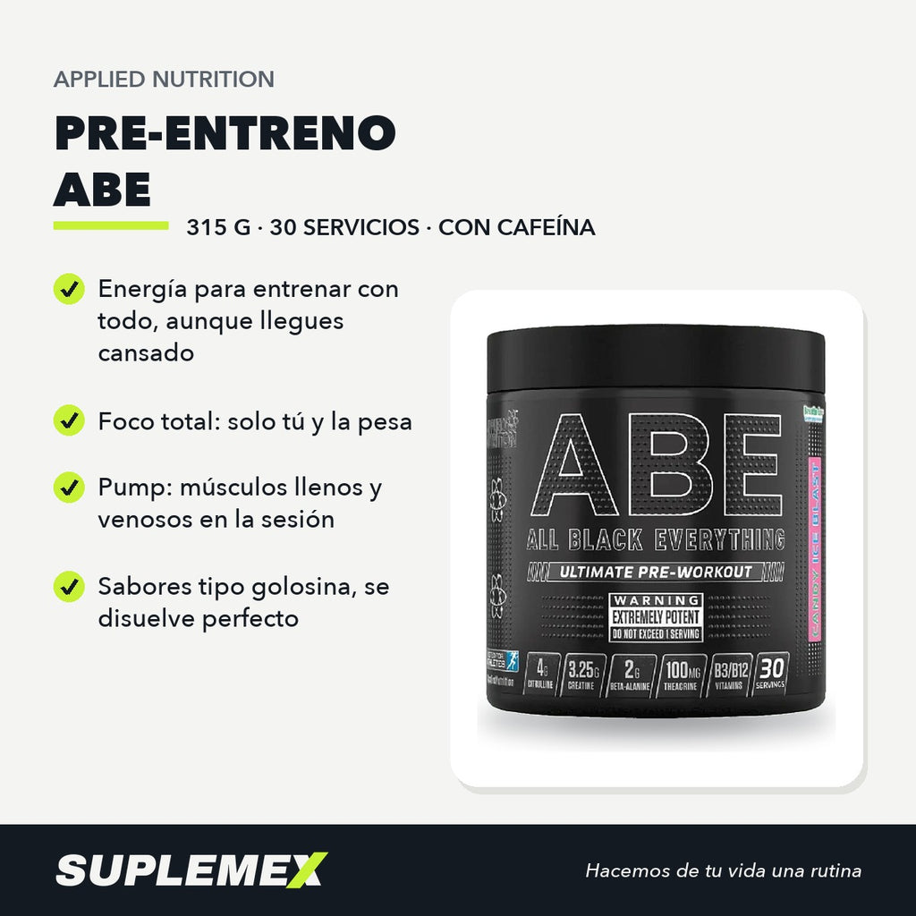 Pre-Entreno ABE Applied Nutrition 315g | Energía + Foco + Pump | 30 servicios