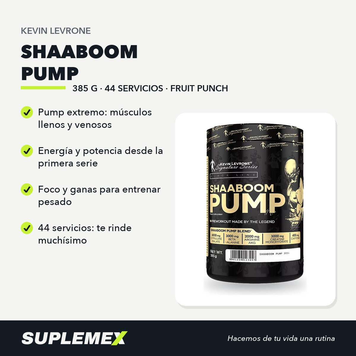 Pre-Entreno Shaaboom Pump Kevin Levrone 385g | Pump extremo | 44 servicios