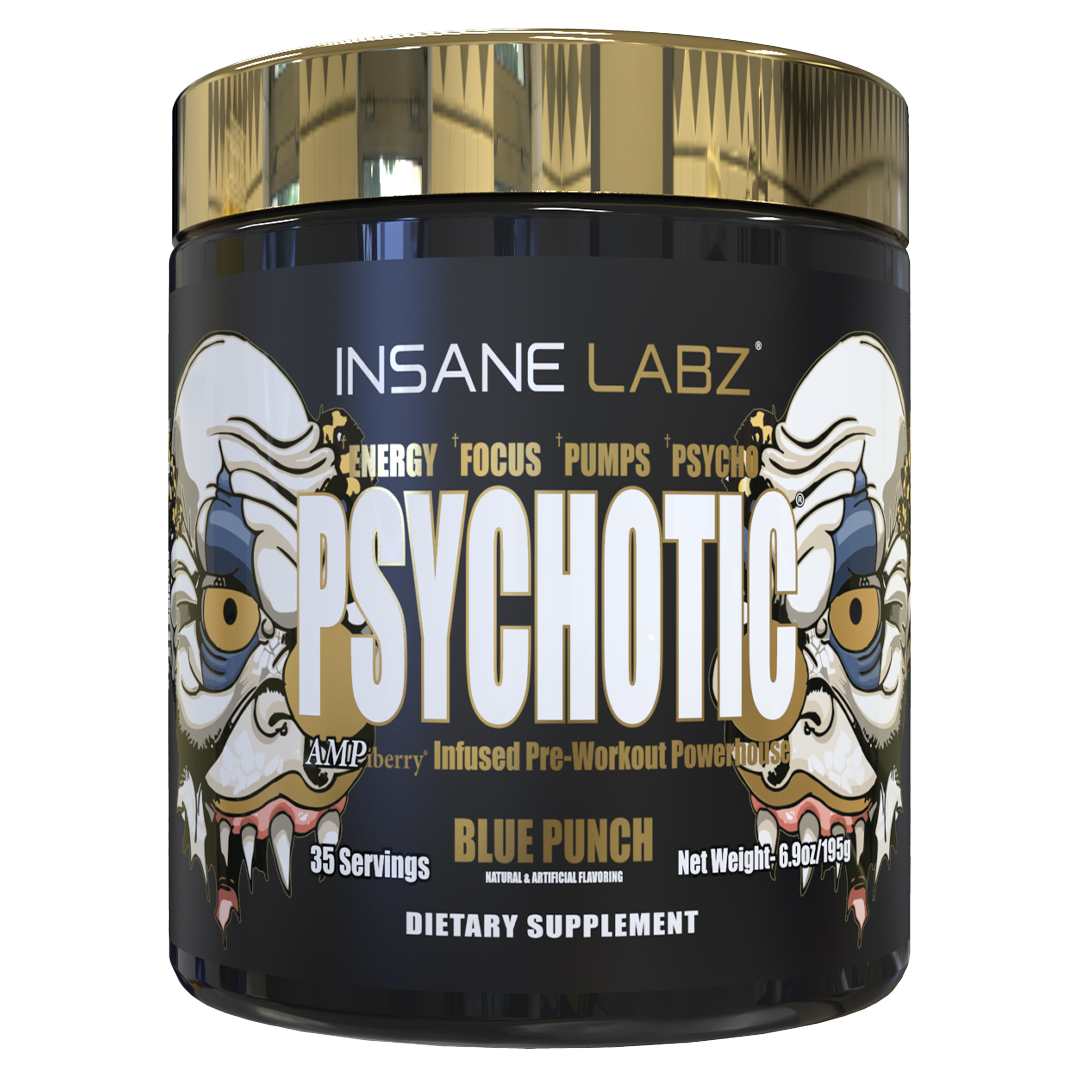 Envase negro de Insane Labz Psychotic Gold sabor Blue Punch, 195 g, con tapa dorada