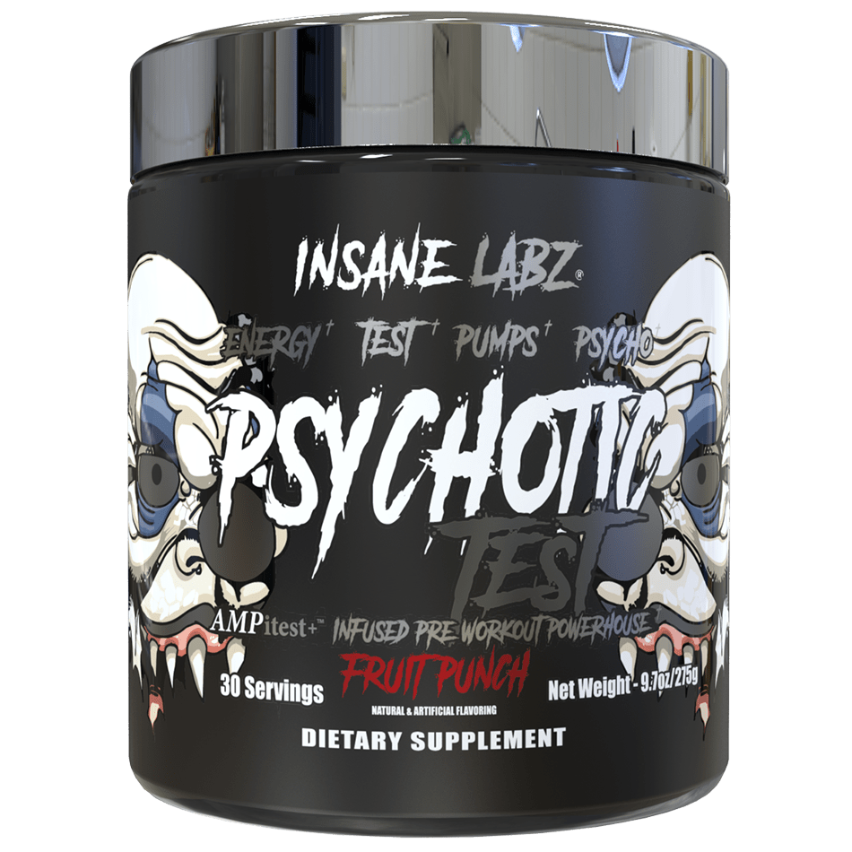 Envase negro de Insane Labz Psychotic Test sabor Fruit Punch, 275 g en polvo