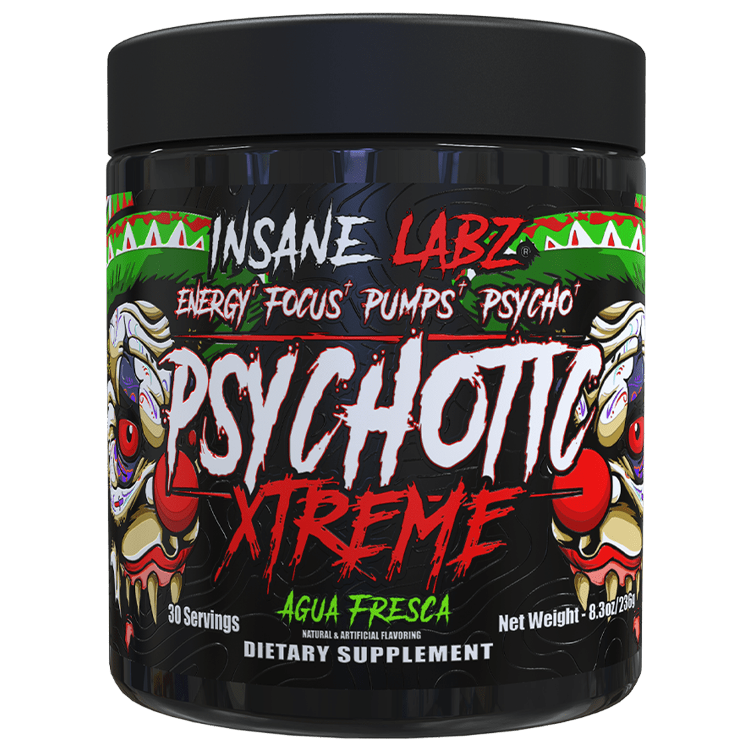 Pote negro de Psychotic Xtreme de Insane Labz, sabor Agua Fresca, 236 g en polvo