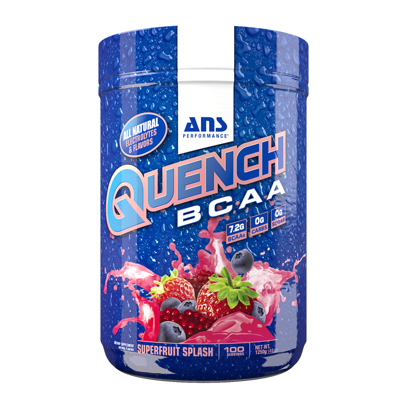Pote azul de Quench BCAA de ANS Performance, 1,25 kg, sabor Superfruit Splash, 100 servicios