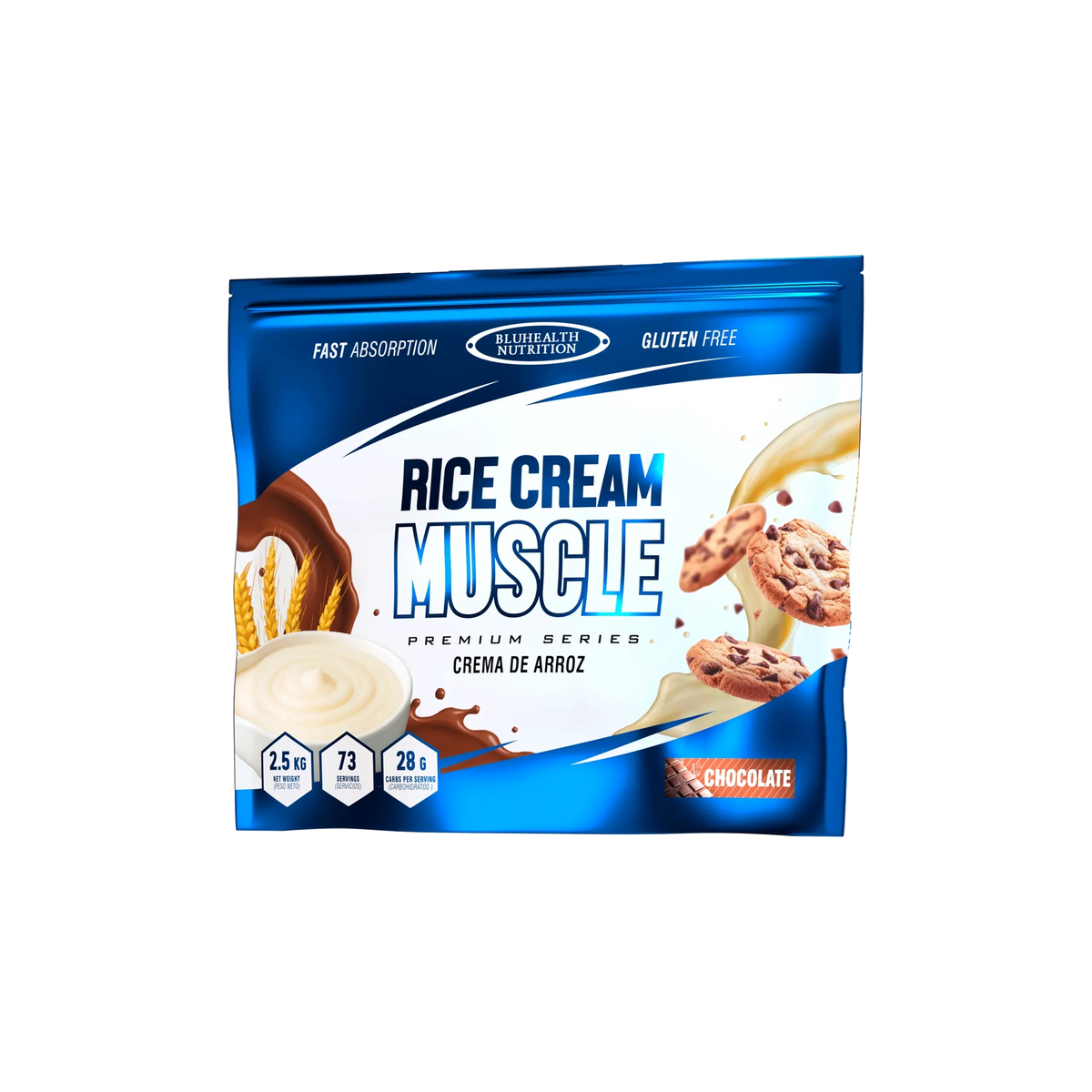 Bolsa azul de Rice Cream Muscle 2,5 kg sabor chocolate de BluHealth Nutrition, vista frontal