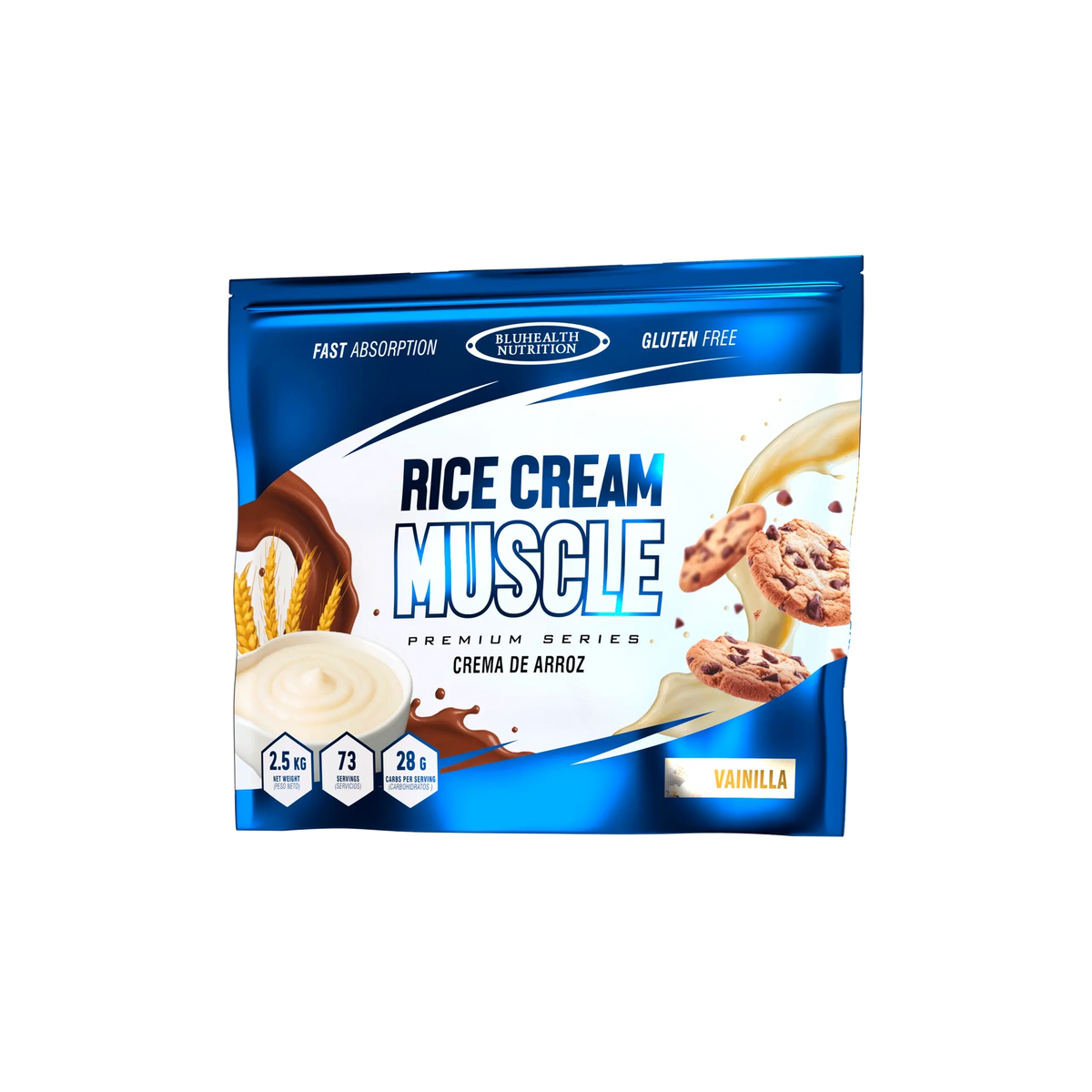 Bolsa azul de Rice Cream Muscle 2,5 kg sabor vainilla de BluHealth Nutrition, vista frontal