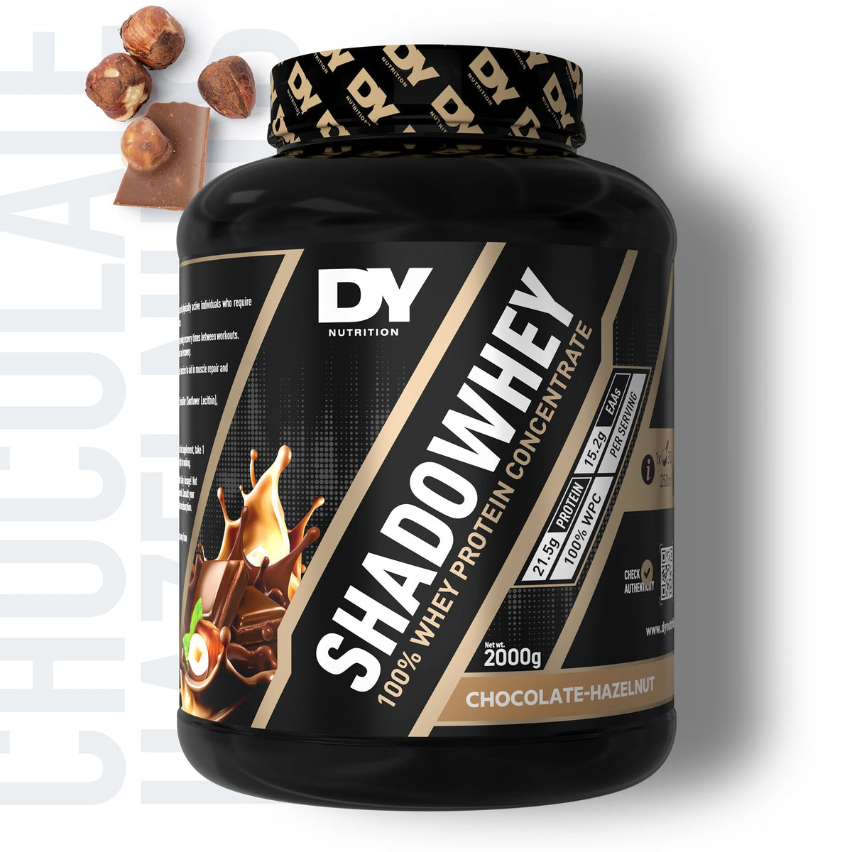Envase negro de 2 kg de proteína Shadowhey de DY Nutrition, sabor chocolate avellana