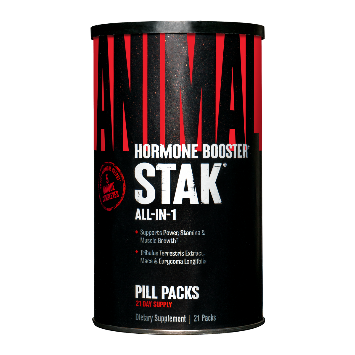 Envase negro cilindrico Animal Stak de Universal Nutrition, formato 21 packs