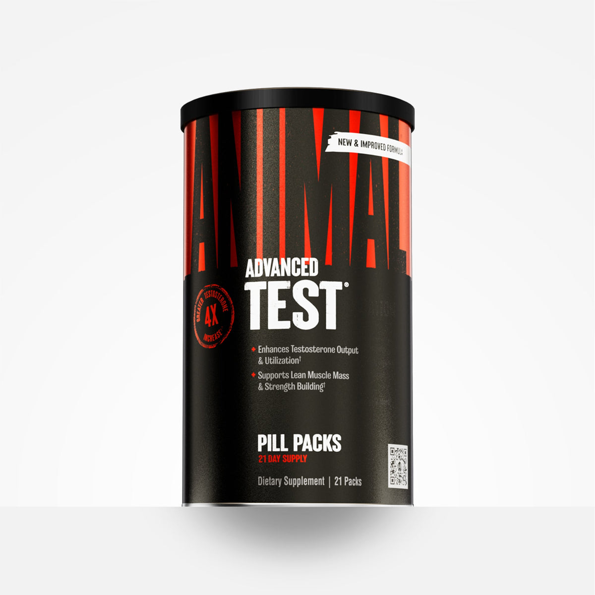 Envase cilíndrico negro y rojo de Animal Advanced Test, 21 packs, sobre fondo blanco