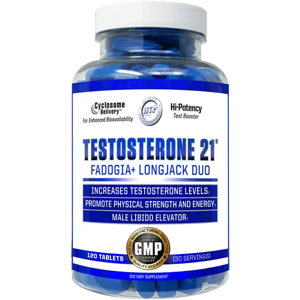 Frasco azul de Testosterone 21 de Hi-Tech Pharmaceuticals, 120 tabletas, fondo blanco