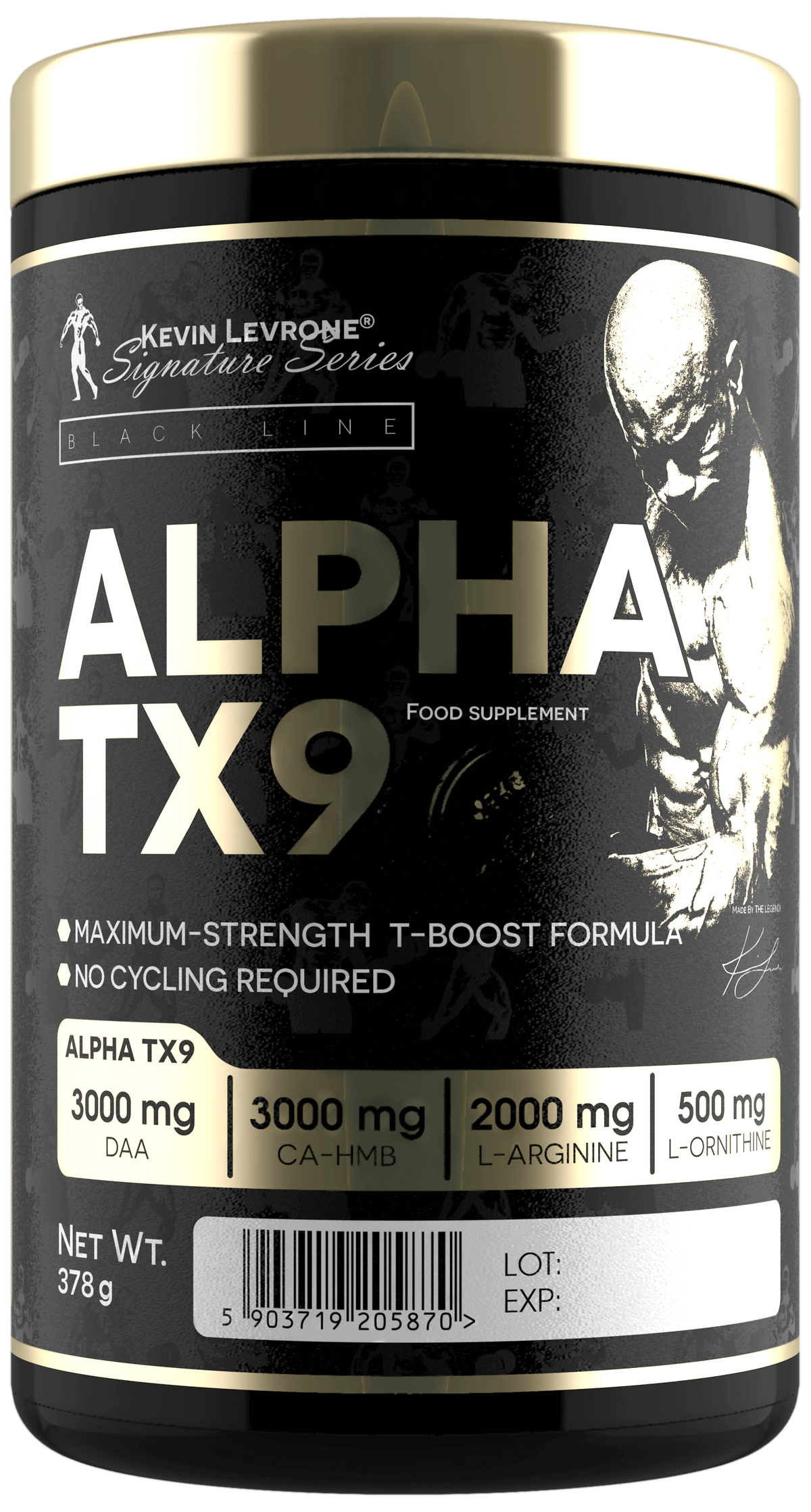 Envase negro y dorado de Kevin Levrone Alpha TX9 en polvo, formato de 378 g