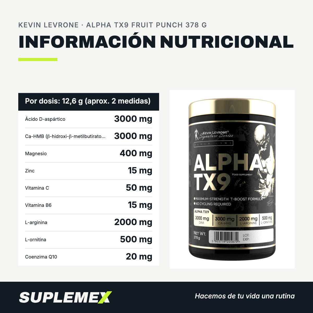 Información nutricional Alpha tx9 fruit punch 378 g