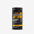 Frasco negro de MuscleTech AlphaTest de 120 caplets, vista frontal sobre fondo blanco