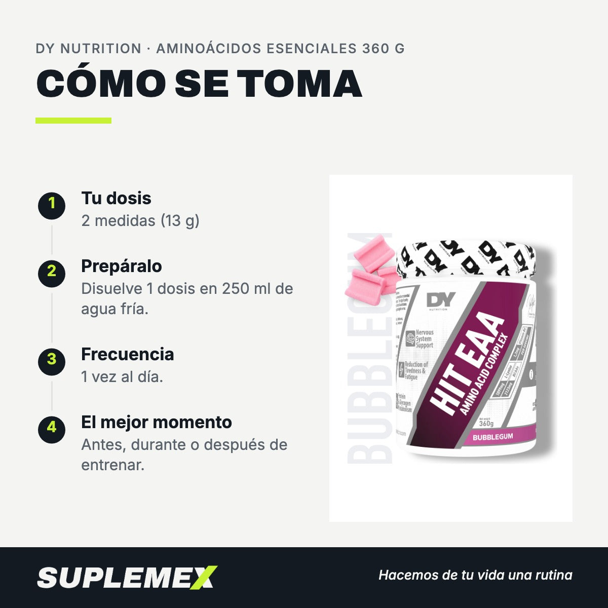 Modo de uso Aminoácidos esenciales: 13 g (2 medidas) en 250 ml