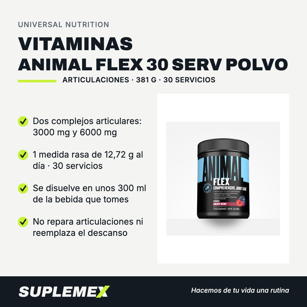 Gráfica de beneficios de Vitaminas animal flex 30 serv polvo 381 g