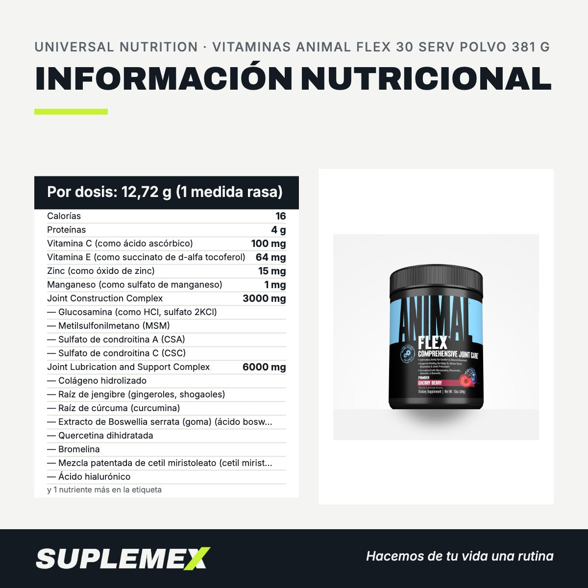 Información nutricional Vitaminas animal flex 30 serv polvo 381 g