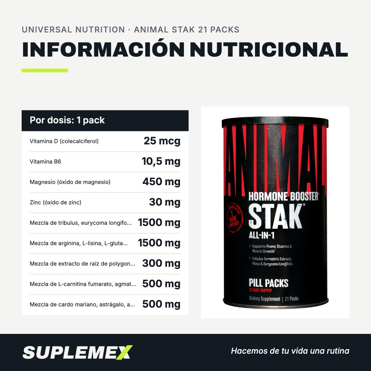 Información nutricional Animal stak 21 packs 21 packs