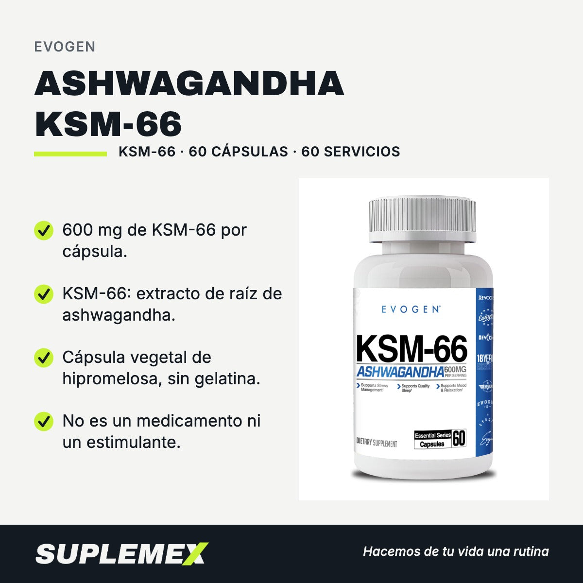 Gráfica de beneficios de Ashwagandha ksm-66 60 cápsulas