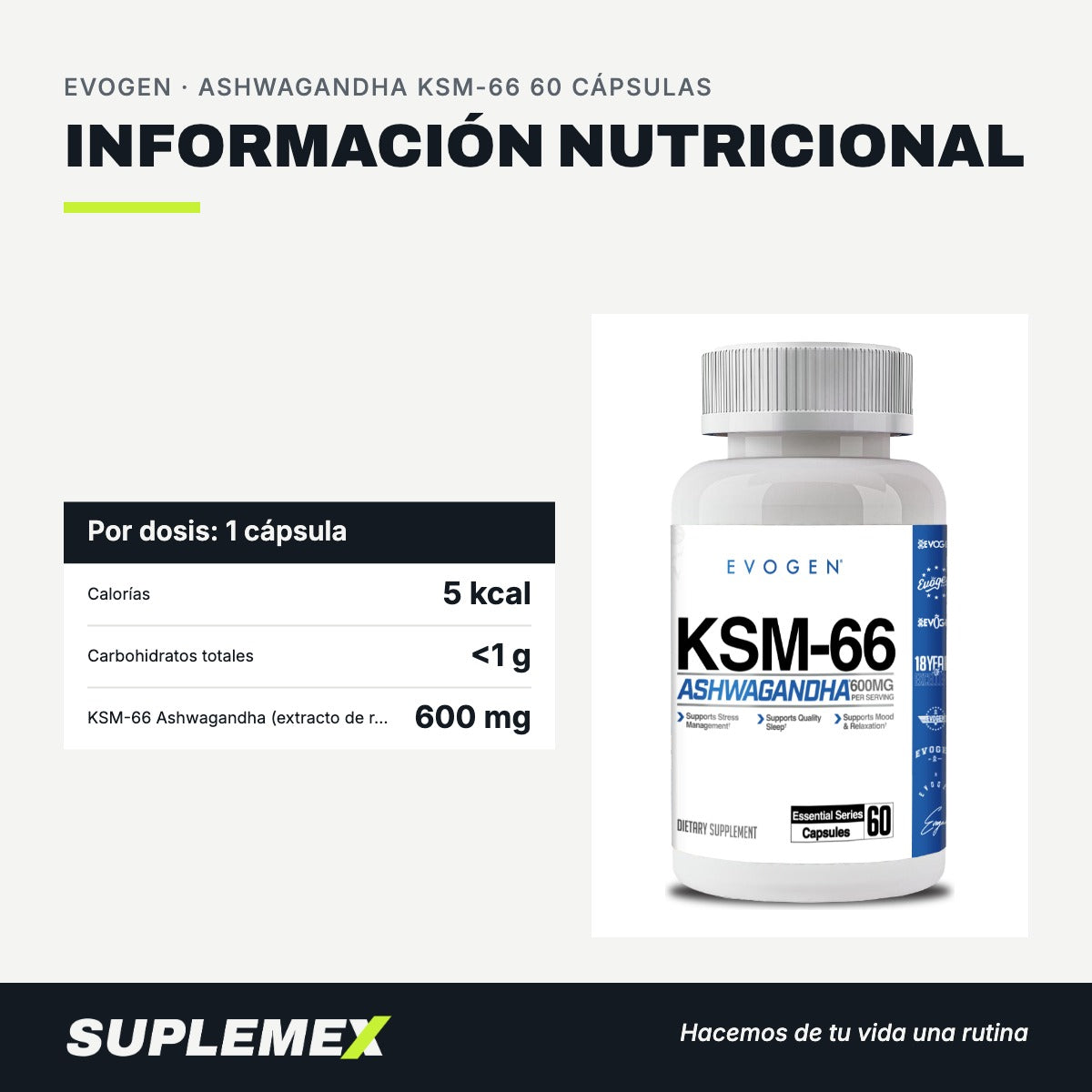Información nutricional Ashwagandha ksm-66 60 cápsulas