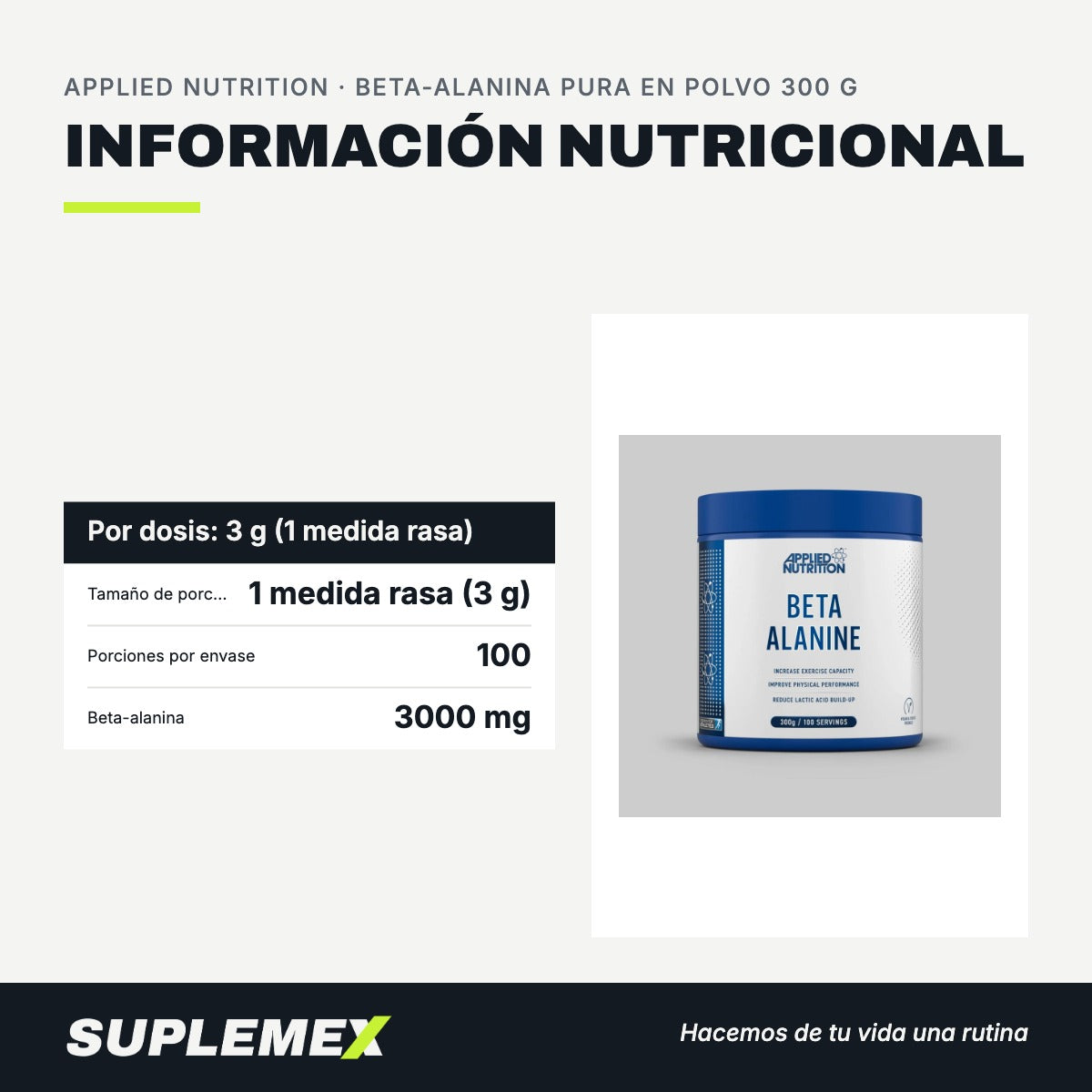 Información nutricional Beta-alanina pura en polvo 300 g