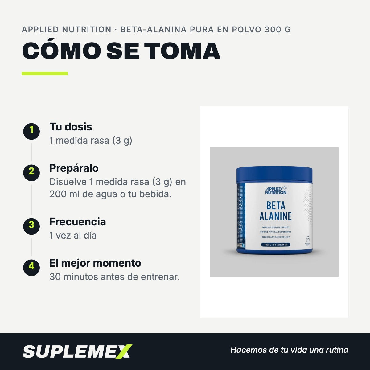 Modo de uso Beta-alanina pura en polvo: 3 g (1 medida rasa) en 200 ml