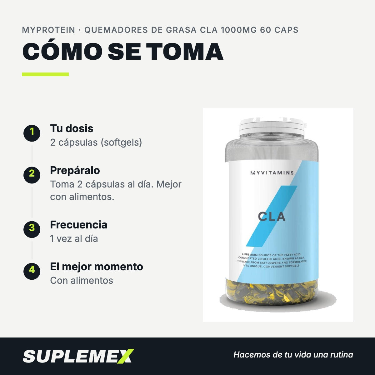 Modo de uso Quemadores de grasa cla 1000mg: 2 cápsulas (softgels)