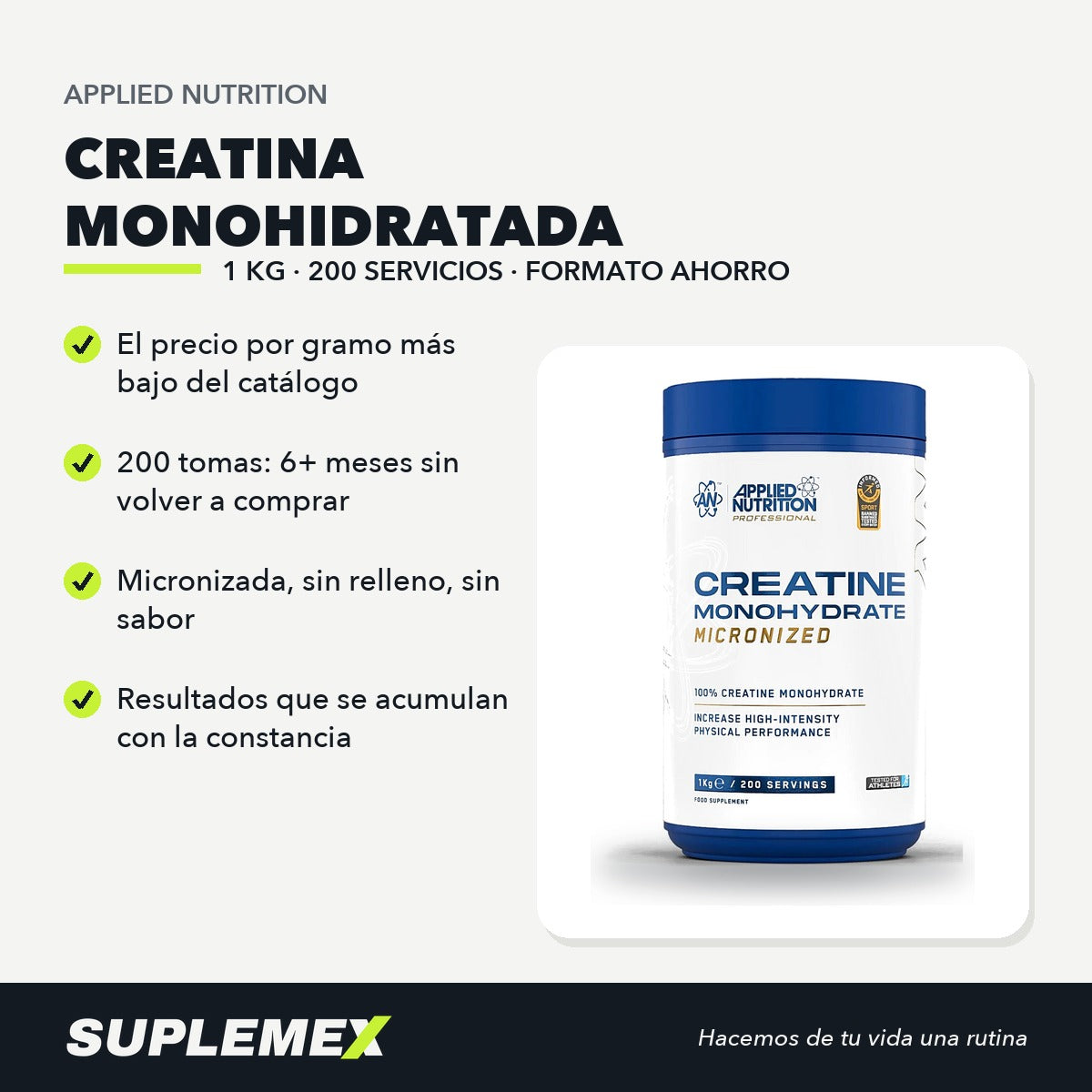 Ficha de beneficios de Creatina Applied Nutrition 1 kg: 5 g por toma, sin sabor, se disuelve sin grumos.