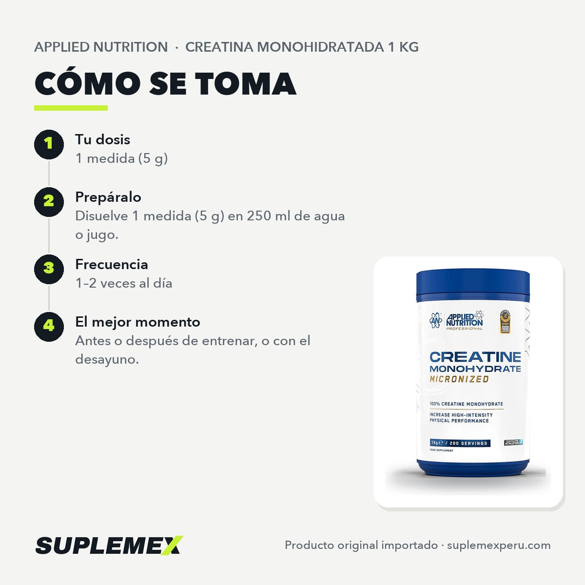 Modo de uso de Creatina Applied Nutrition 1 kg: una medida de 5 g al día en agua o jugo.