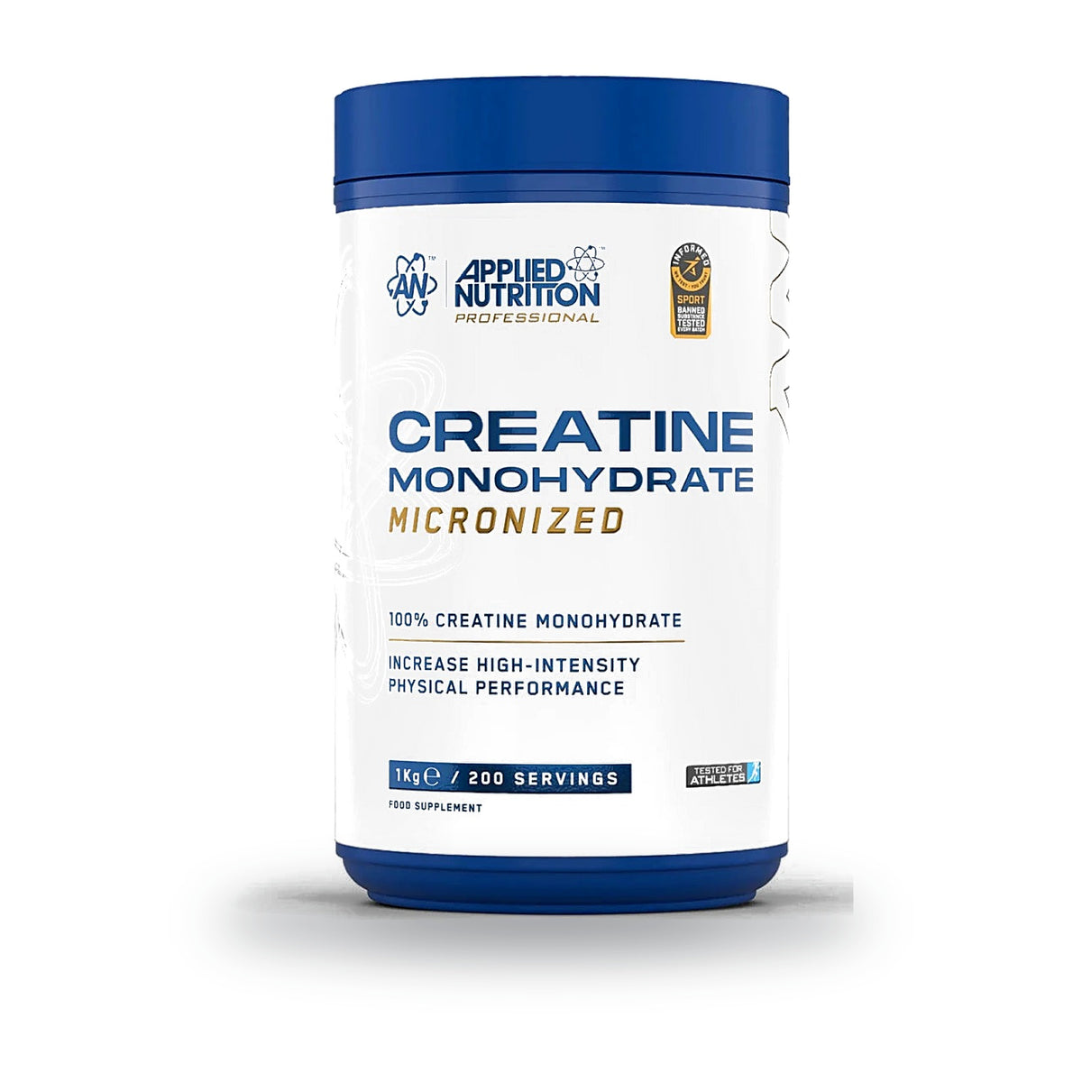 Creatina Monohidratada 1 kg Applied Nutrition, envase frontal. 200 servicios de 5 g.