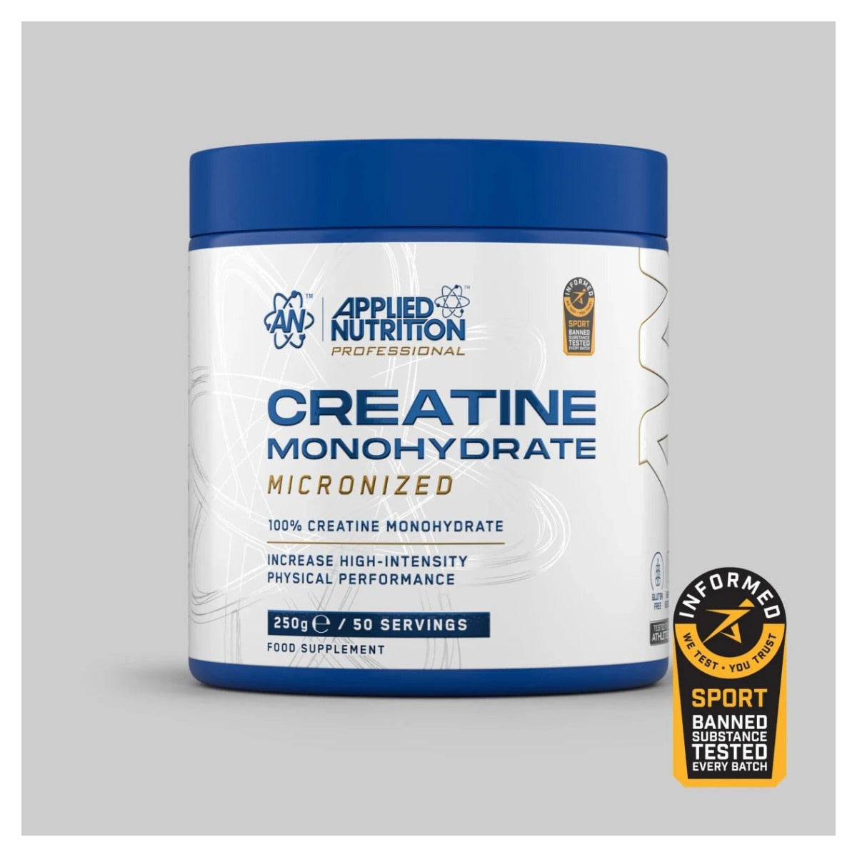 Creatina monohidratada Applied Nutrition 250 g | 50 servicios | 5 g de creatina monohidratada micronizada por dosis · en la versión sin sabor es el único ingrediente.