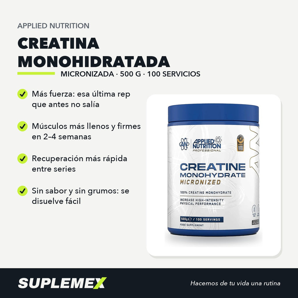 Ficha de beneficios de Creatina Applied Nutrition 500 g: 5 g por toma, sin sabor, se disuelve sin grumos.