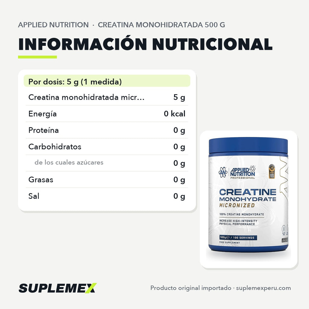 Tabla nutricional de Creatina Applied Nutrition 500 g: 5 g de creatina monohidratada por servicio.