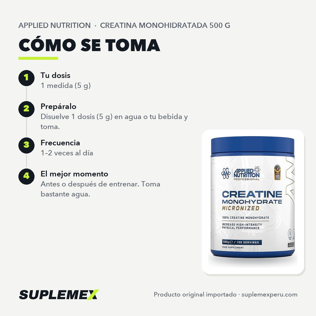 Modo de uso de Creatina Applied Nutrition 500 g: una medida de 5 g al día en agua o jugo.