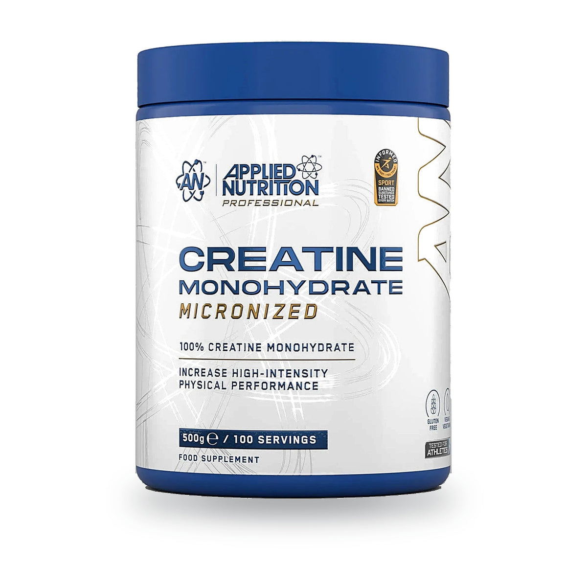 Creatina Monohidratada 500 g Applied Nutrition, envase frontal. 100 servicios de 5 g.