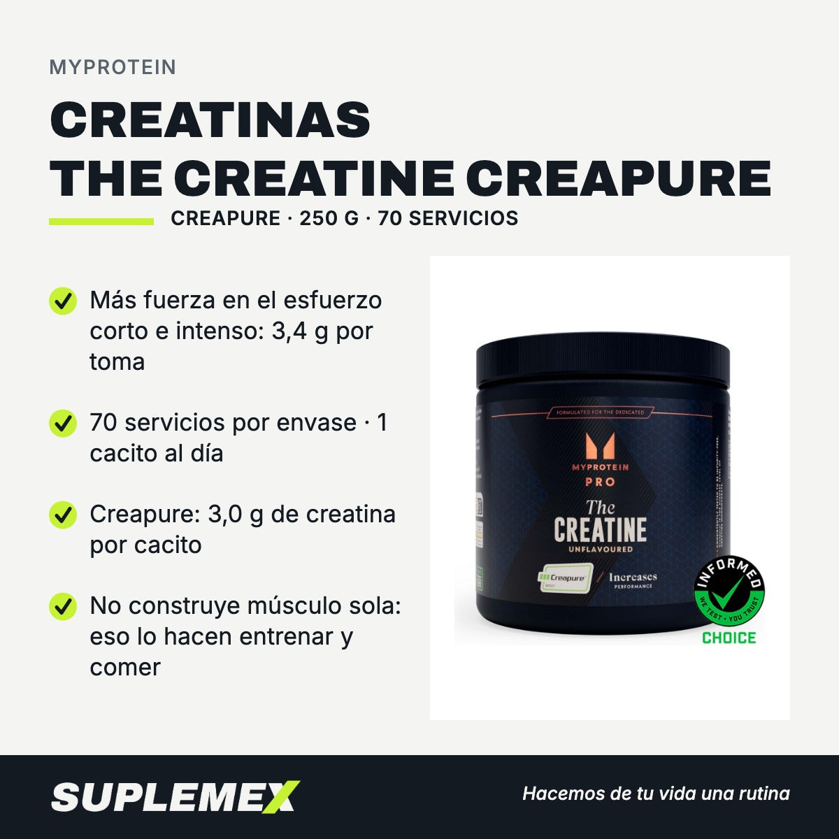 Gráfica de beneficios de Creatinas the creatine creapure 250 gr